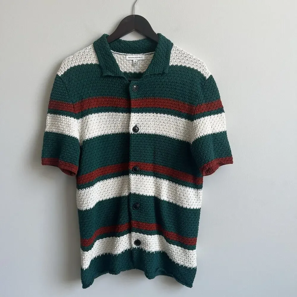 Banana Republic Shirt Mens M Striped Crochet Short Sleeve Button Front